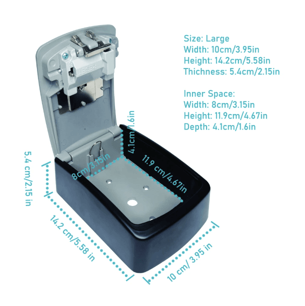 grande Boîte à clés sécurisée avec dimensions détaillées, adaptée pour ranger plusieurs clés.