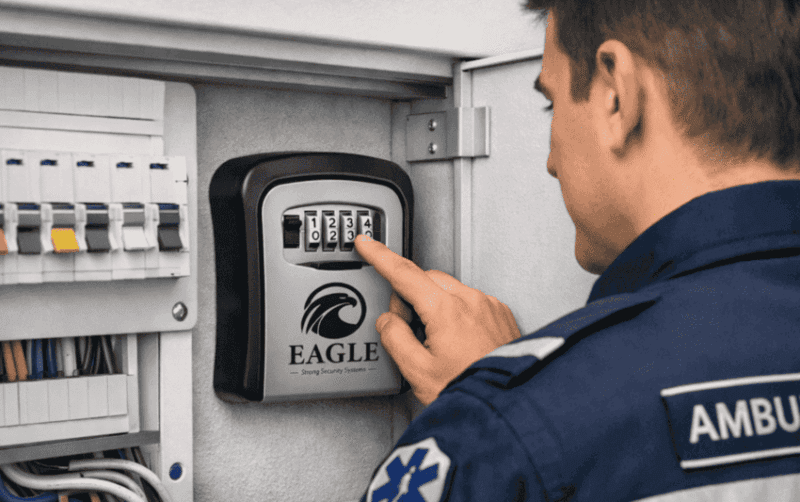 Ambulancier francais utilisant une boite a cles Eagle Lock installee discretement dans un placard électrique pour un acces securise en copropriete